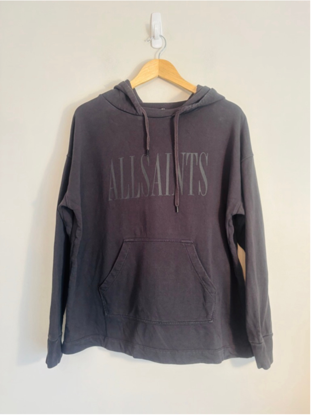 AllSaints Charcoal Spellout Hoodie Sweatshirt Small